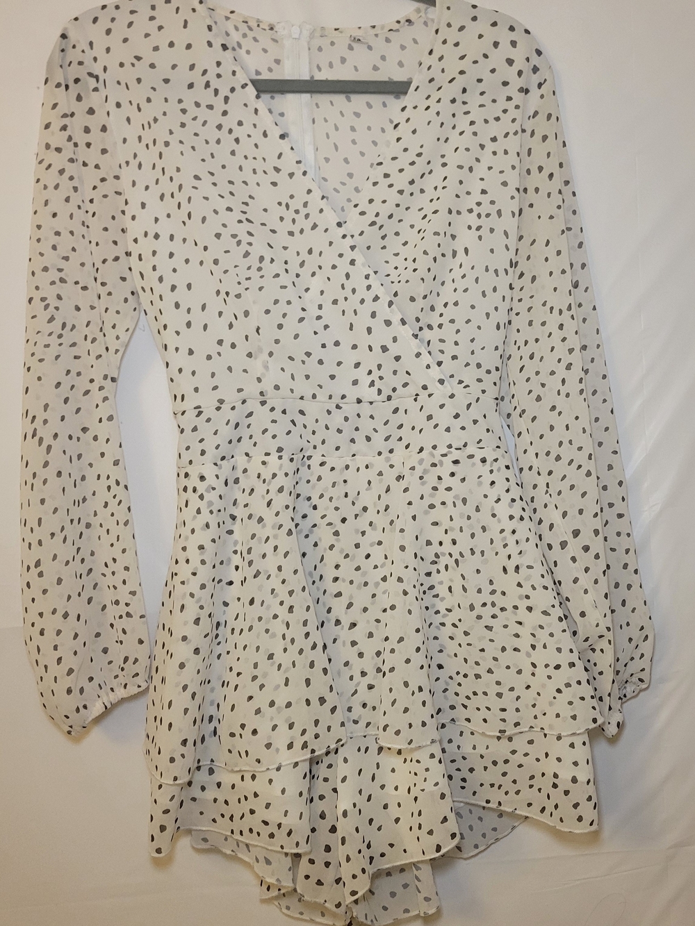 Ivory Long-Sleeve Romper with Black Spot Print